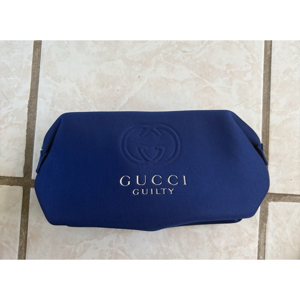 Auth GUCCI GUILTY Royal Blue Pouch Bag | Raised Metallic Logo & Branded Zipper